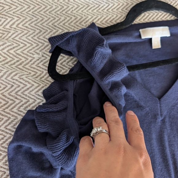 Michael Kors Navy V-Neck Sweater with Ruffled Sleeves - Picture 8 of 8